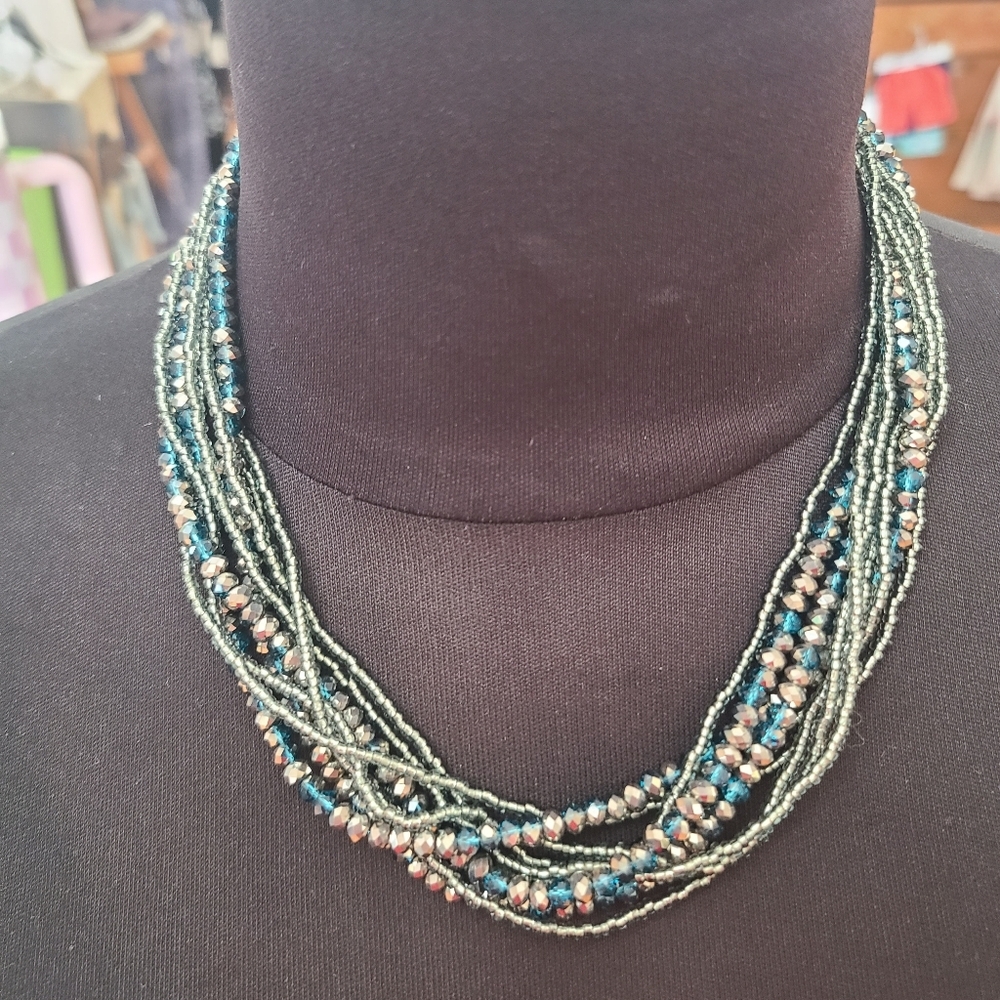 Premier Designs Teal and Silver Multi-Strand Beaded Necklace & Bracelet Set - Picture 2 of 5